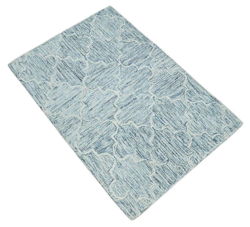 Ivory and Blue Modern Geometric Hand Tufted 2x3, 3x5, 5x8, 6x9, 8x10 and 9x12 Natural Wool Area Rug | UL52 - The Rug Decor