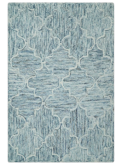 Ivory and Blue Modern Geometric Hand Tufted 2x3, 3x5, 5x8, 6x9, 8x10 and 9x12 Natural Wool Area Rug | UL52 - The Rug Decor