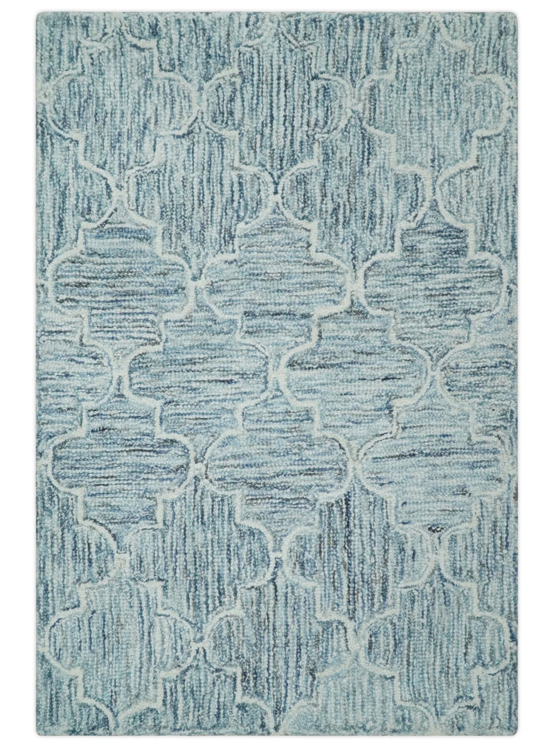 Ivory and Blue Modern Geometric Hand Tufted 2x3, 3x5, 5x8, 6x9, 8x10 and 9x12 Natural Wool Area Rug | UL52 - The Rug Decor