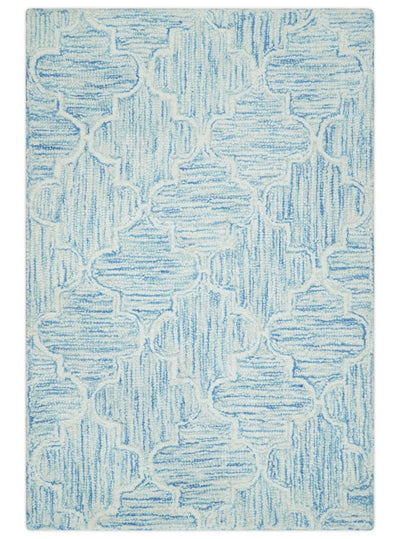 Ivory and Blue Modern Geometric Hand Tufted 2x3, 3x5, 5x8, 6x9, 8x10 and 9x12 Natural Wool Area Rug | UL54 - The Rug Decor