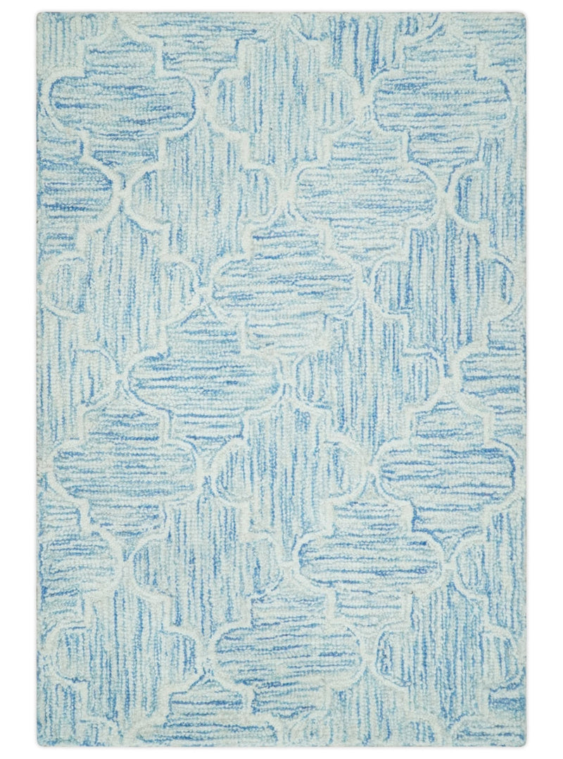 Ivory and Blue Modern Geometric Hand Tufted 2x3, 3x5, 5x8, 6x9, 8x10 and 9x12 Natural Wool Area Rug | UL54 - The Rug Decor