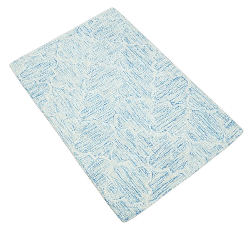 Ivory and Blue Modern Geometric Hand Tufted 2x3, 3x5, 5x8, 6x9, 8x10 and 9x12 Natural Wool Area Rug | UL54 - The Rug Decor