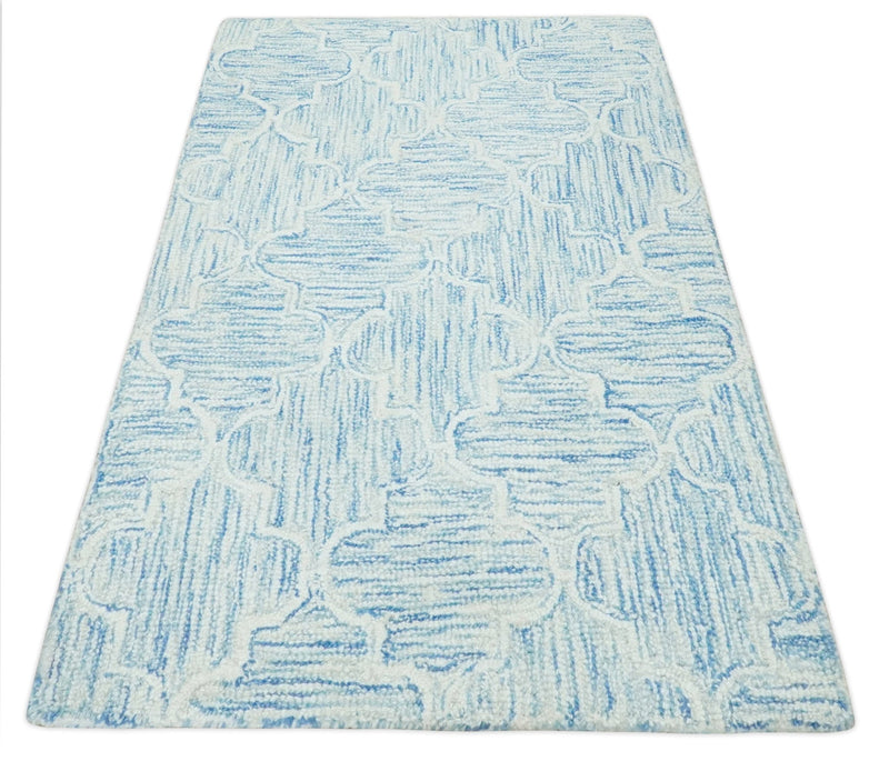 Ivory and Blue Modern Geometric Hand Tufted 2x3, 3x5, 5x8, 6x9, 8x10 and 9x12 Natural Wool Area Rug | UL54 - The Rug Decor