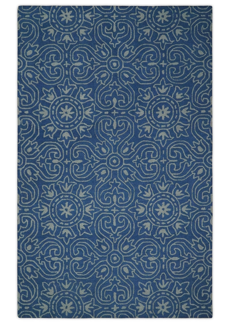 Ivory and Blue Multi size Medallion Pattern Hand Tufted Farmhouse Wool Area Rug - The Rug Decor