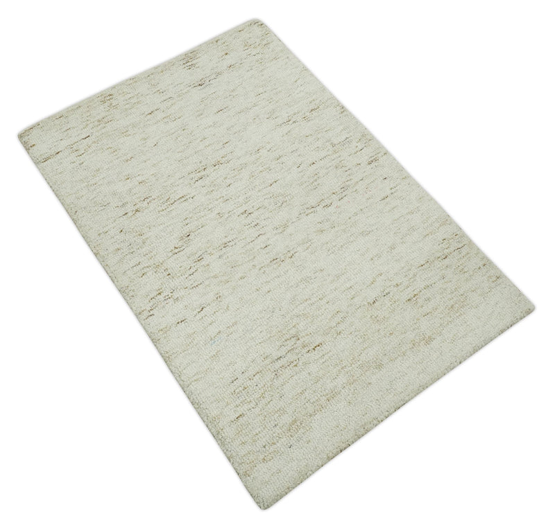 Ivory and Brown Abstract Hand Tufted 2x3, 3x5, 5x8, 6x9, 8x10 and 9x12 Natural Wool Area Rug | UL62 - The Rug Decor