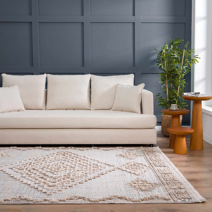 Ivory and Brown Cable Knit design Geometrical Carved Texture Area Rug - The Rug Decor
