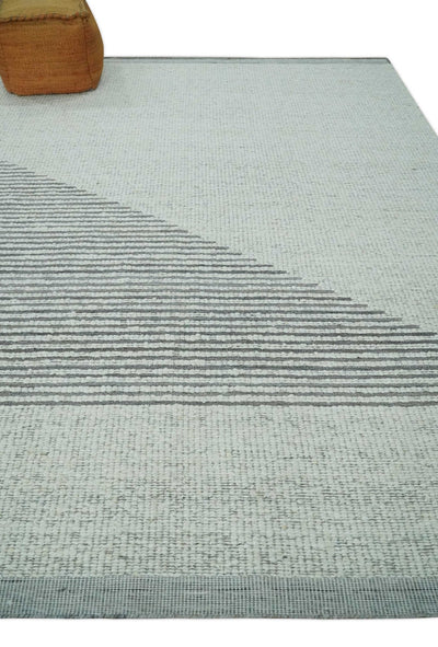 Ivory and Charcoal Traditional Stripes Hand Knotted 8x10 Wool Area Rug - The Rug Decor