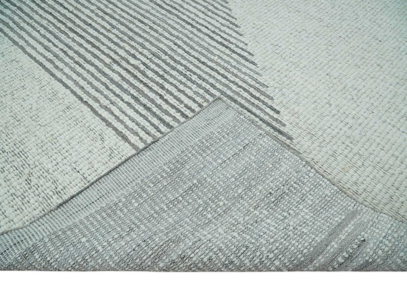 Ivory and Charcoal Traditional Stripes Hand Knotted 8x10 Wool Area Rug - The Rug Decor