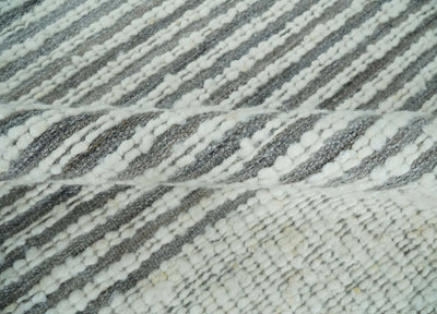 Ivory and Charcoal Traditional Stripes Hand Knotted 8x10 Wool Area Rug - The Rug Decor