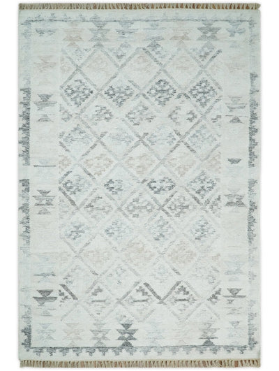 Ivory and Gray Kilim Rug made with Fine wool and Viscose | SE2 - The Rug Decor