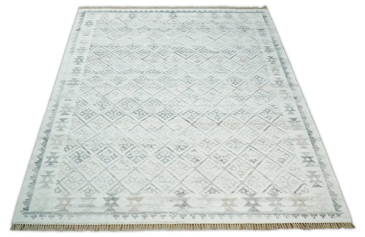 Ivory and Gray Kilim Rug made with Fine wool and Viscose | SE2 - The Rug Decor
