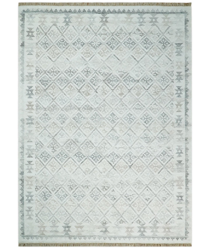 Ivory and Gray Kilim Rug made with Fine wool and Viscose | SE2 - The Rug Decor