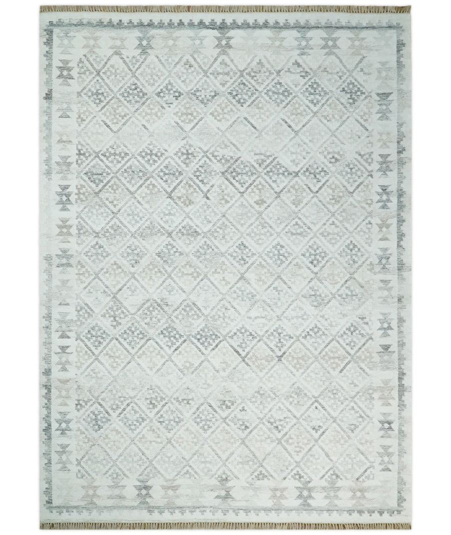 Ivory and Gray Kilim Rug made with Fine wool and Viscose | SE2 - The Rug Decor