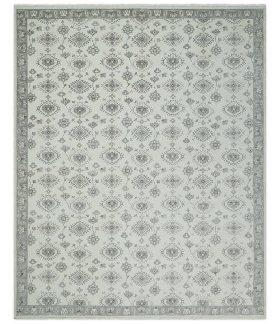 Ivory and Gray Persian 6x9, 8x10 and 9x12 Hand Knotted Traditional Antique Textured Low Pile Wool Rug | TRD54758 - The Rug Decor