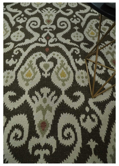 Ivory and Green 6x9 Traditional Hand Woven Ikat Design Soumak Dhurrie Wool Area Rug - The Rug Decor