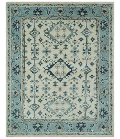 Ivory and Light Blue Traditional Oriental Hand Knotted Custom Made wool area Rug - The Rug Decor