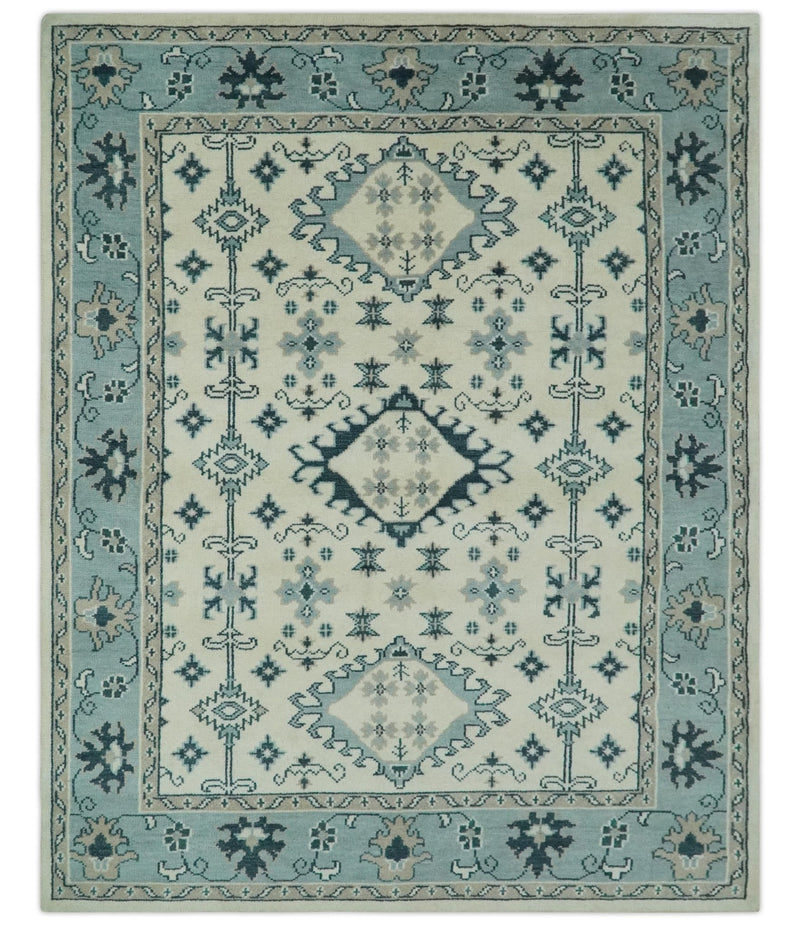Ivory and Light Blue Traditional Oriental Hand Knotted Custom Made wool area Rug - The Rug Decor
