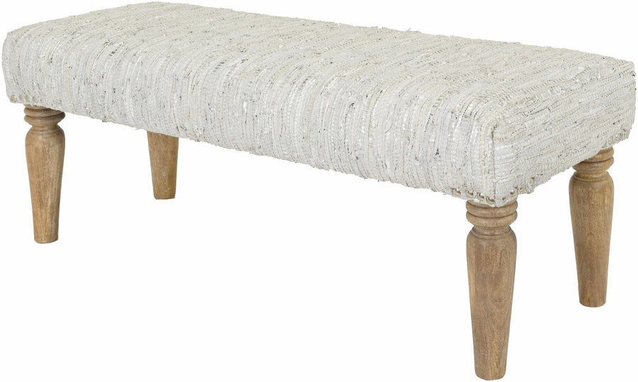 Ivory and Metallic Silver Leather Hand Made Wooden Bench - The Rug Decor