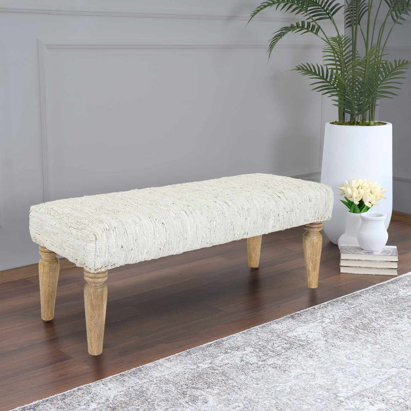 Ivory and Metallic Silver Leather Hand Made Wooden Bench - The Rug Decor