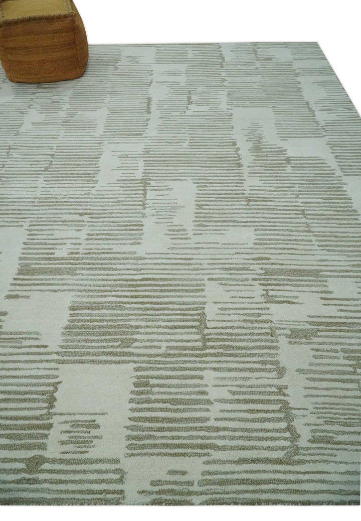 Ivory and Olive Modern Stripes Design Hand Tufted 8x10 wool Area Rug, Kids, Living Room and Bedroom Rug - The Rug Decor