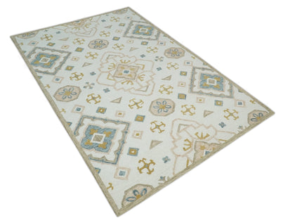 Ivory and Peach Hand Hooked Geometric Traditional wool Area Rug - The Rug Decor