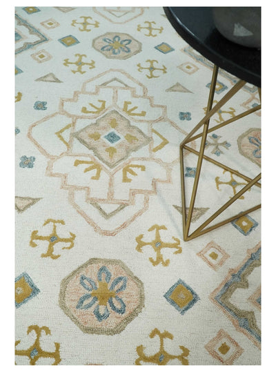 Ivory and Peach Hand Hooked Geometric Traditional wool Area Rug - The Rug Decor