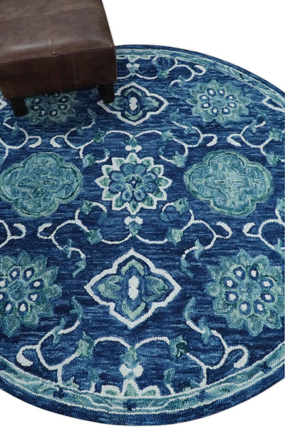 Ivory, Aqua and Blue Round Rug 3x3, 4x4, 5x5, 6x6, 8x8, 9x9 Hand Tufted Farmhouse Wool - The Rug Decor