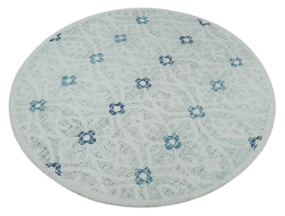 Ivory, Aqua and Blue Round Rug 3x3, 4x4, 5x5, 6x6, 8x8, 9x9 Wool Carpet - The Rug Decor