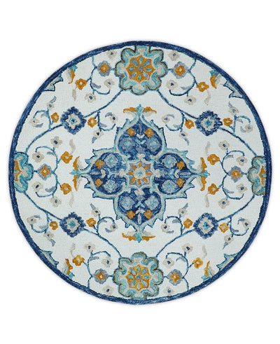 Ivory, Aqua, Blue and Gold Round Rug 3x3, 4x4, 5x5, 6x6, 8x8, 9x9 Floral Wool - The Rug Decor