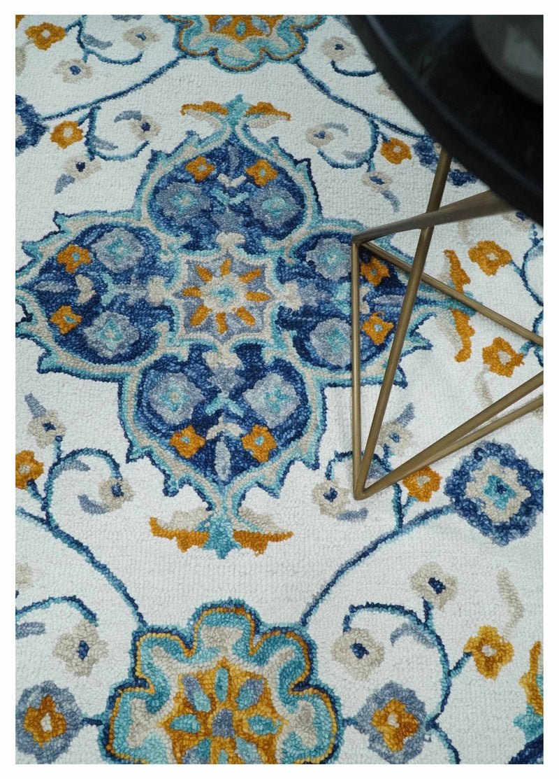 Ivory, Aqua, Blue and Gold Round Rug 3x3, 4x4, 5x5, 6x6, 8x8, 9x9 Floral Wool - The Rug Decor