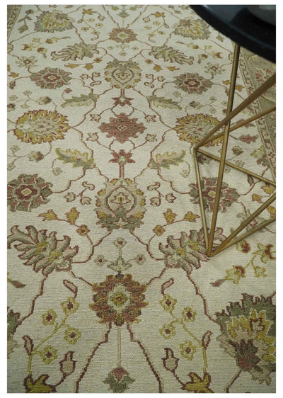 Ivory, Beige and Brown 4.11x7.9 Oriental Oushak Hand Woven Floral Design Soumak Dhurrie Wool Area Rug - The Rug Decor
