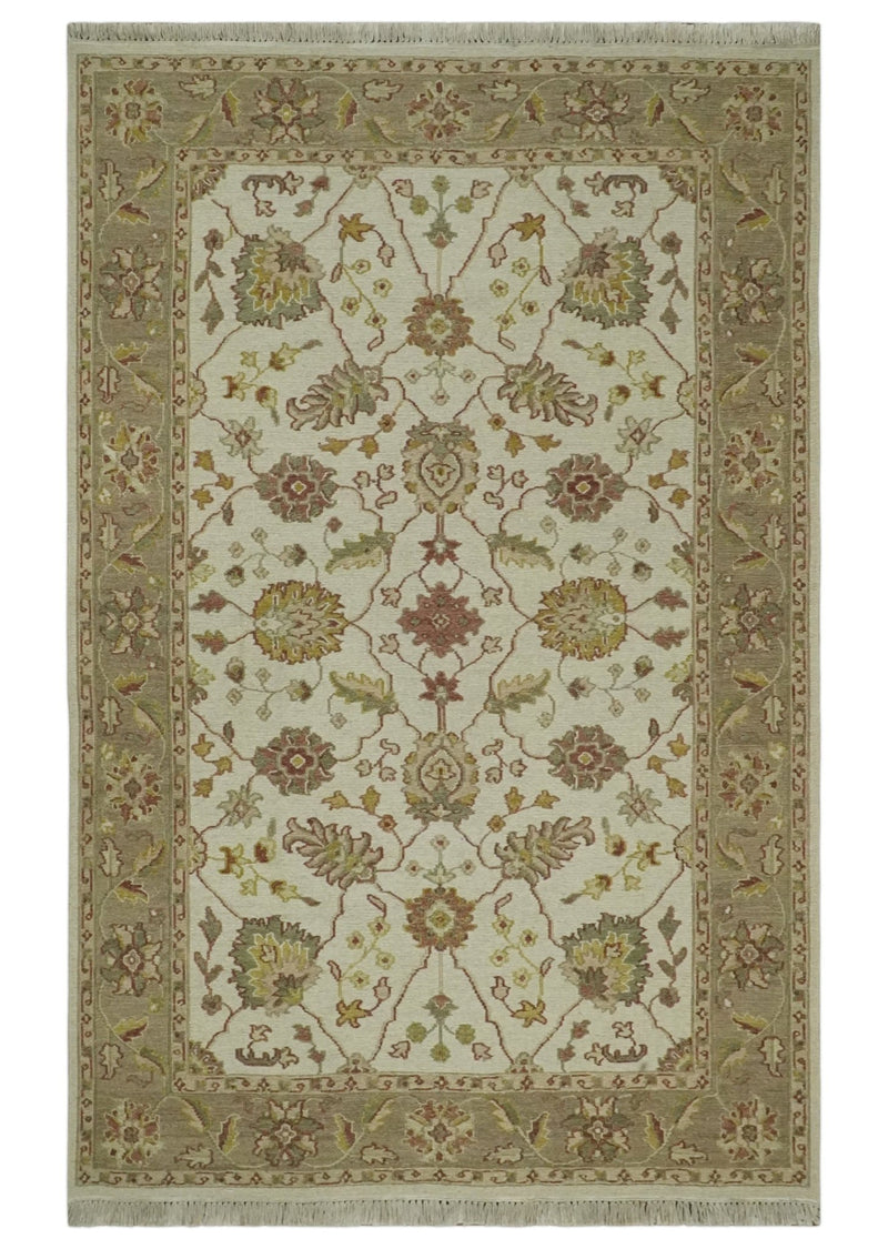 Ivory, Beige and Brown 4.11x7.9 Oriental Oushak Hand Woven Floral Design Soumak Dhurrie Wool Area Rug - The Rug Decor