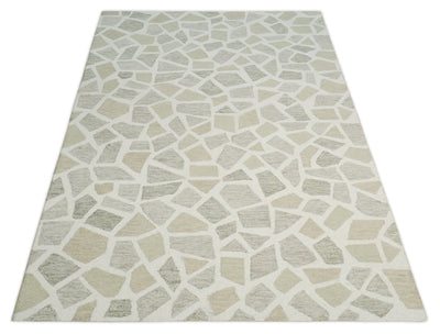 Ivory Beige and Brown mosaic Design Custom Made Hand Hooked Modern Style Rug - The Rug Decor