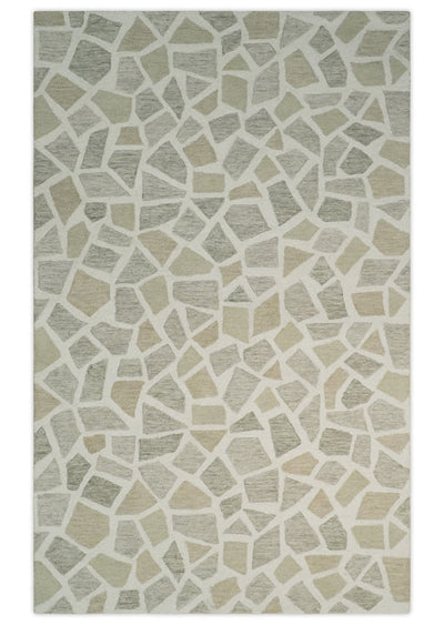 Ivory Beige and Brown mosaic Design Custom Made Hand Hooked Modern Style Rug - The Rug Decor