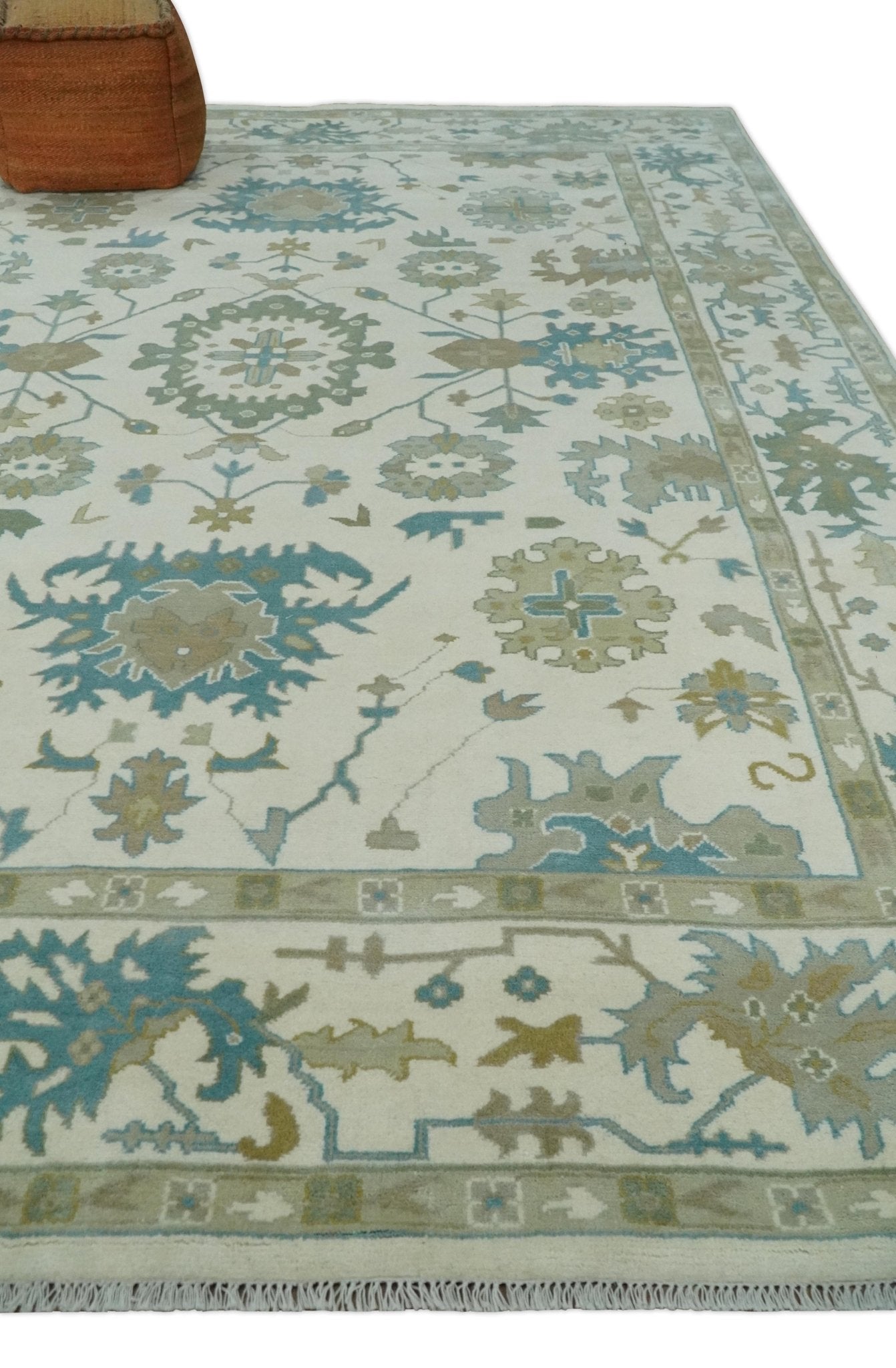 Ivory, Beige and Teal Hand Knotted Antique 9x13 Traditional Oushak Wool Rug - The Rug Decor