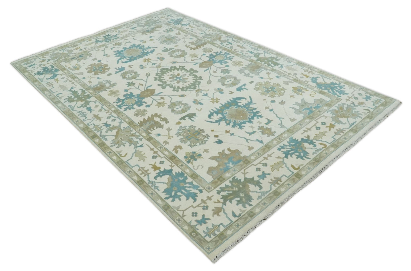 Ivory, Beige and Teal Hand Knotted Antique 9x13 Traditional Oushak Wool Rug - The Rug Decor