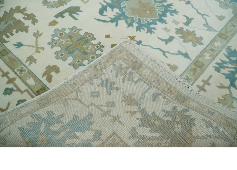 Ivory, Beige and Teal Hand Knotted Antique 9x13 Traditional Oushak Wool Rug - The Rug Decor