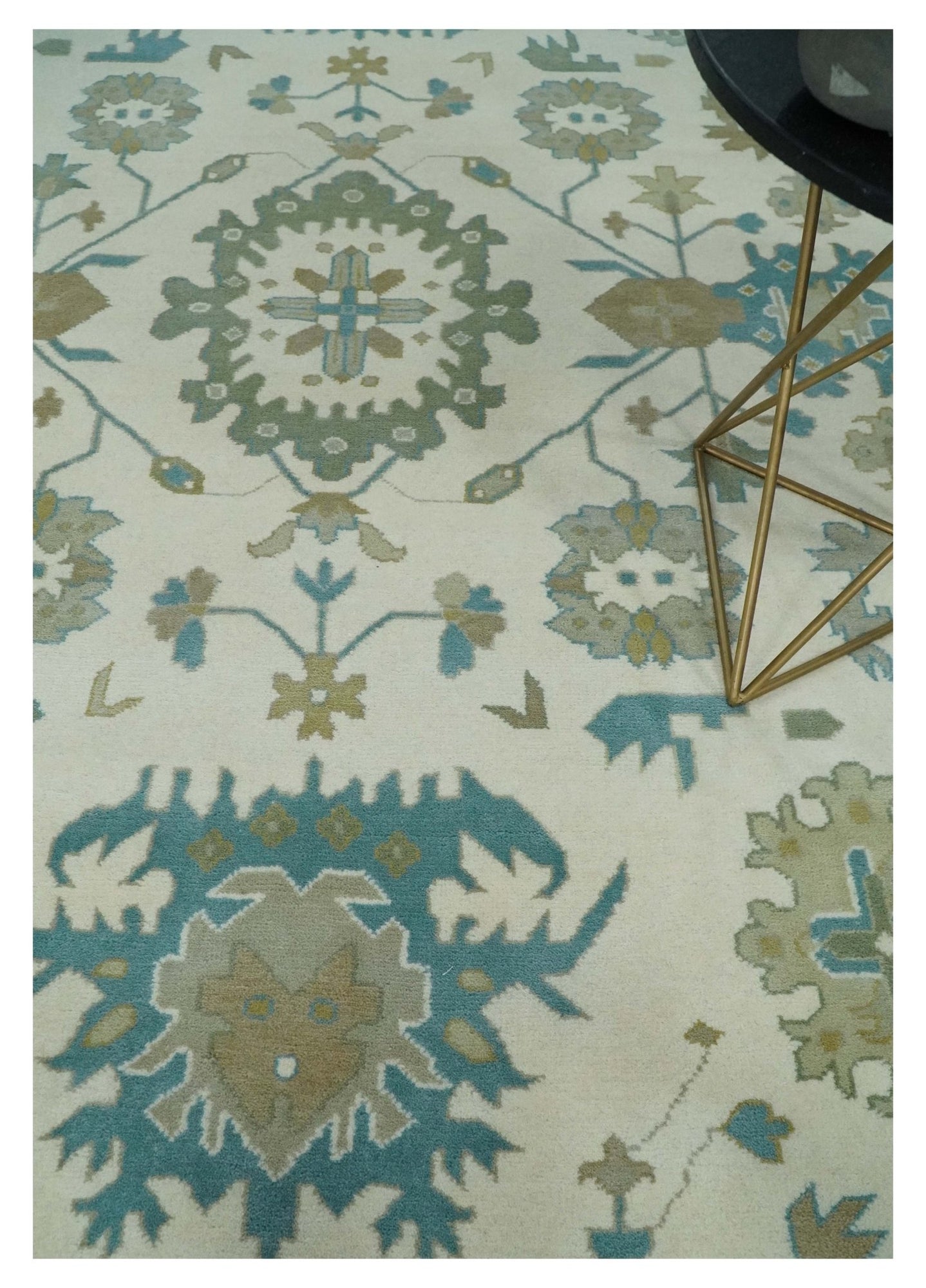 Ivory, Beige and Teal Hand Knotted Antique 9x13 Traditional Oushak Wool Rug - The Rug Decor