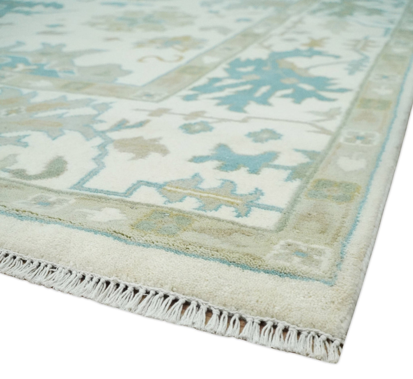 Ivory, Beige and Teal Hand Knotted Antique 9x13 Traditional Oushak Wool Rug - The Rug Decor