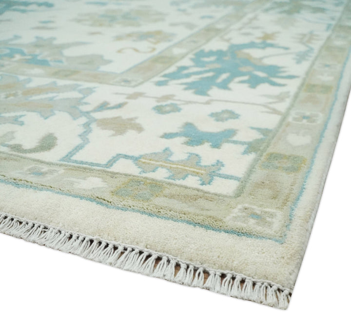 Ivory, Beige and Teal Hand Knotted Antique 9x13 Traditional Oushak Wool Rug - The Rug Decor