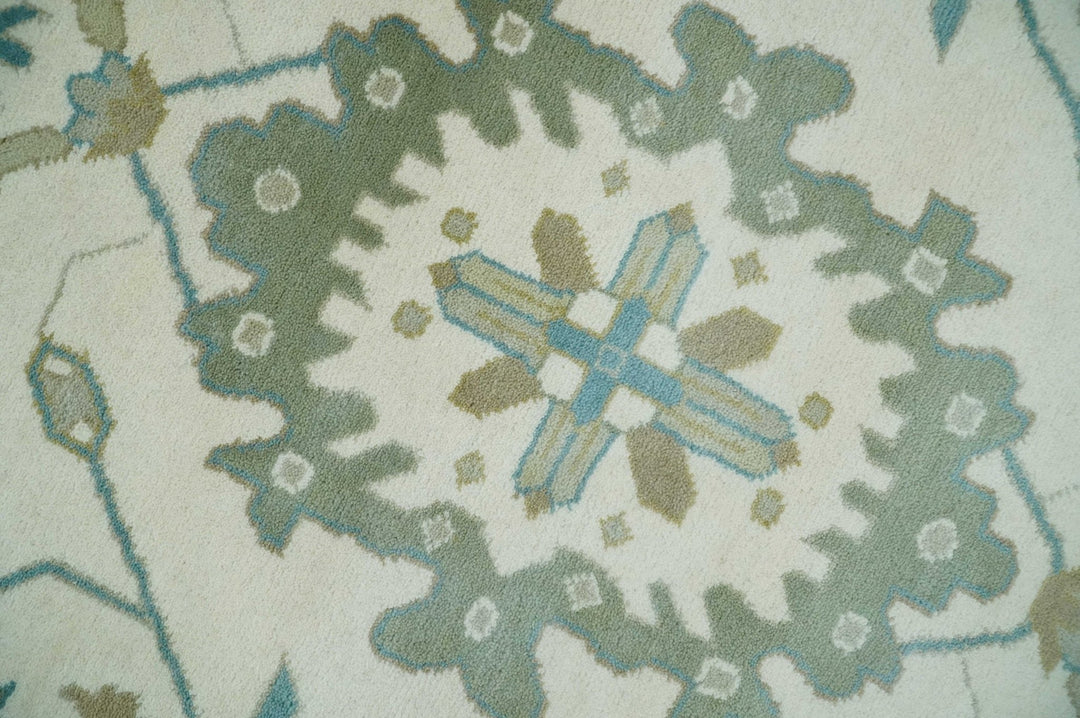Ivory, Beige and Teal Hand Knotted Antique 9x13 Traditional Oushak Wool Rug - The Rug Decor