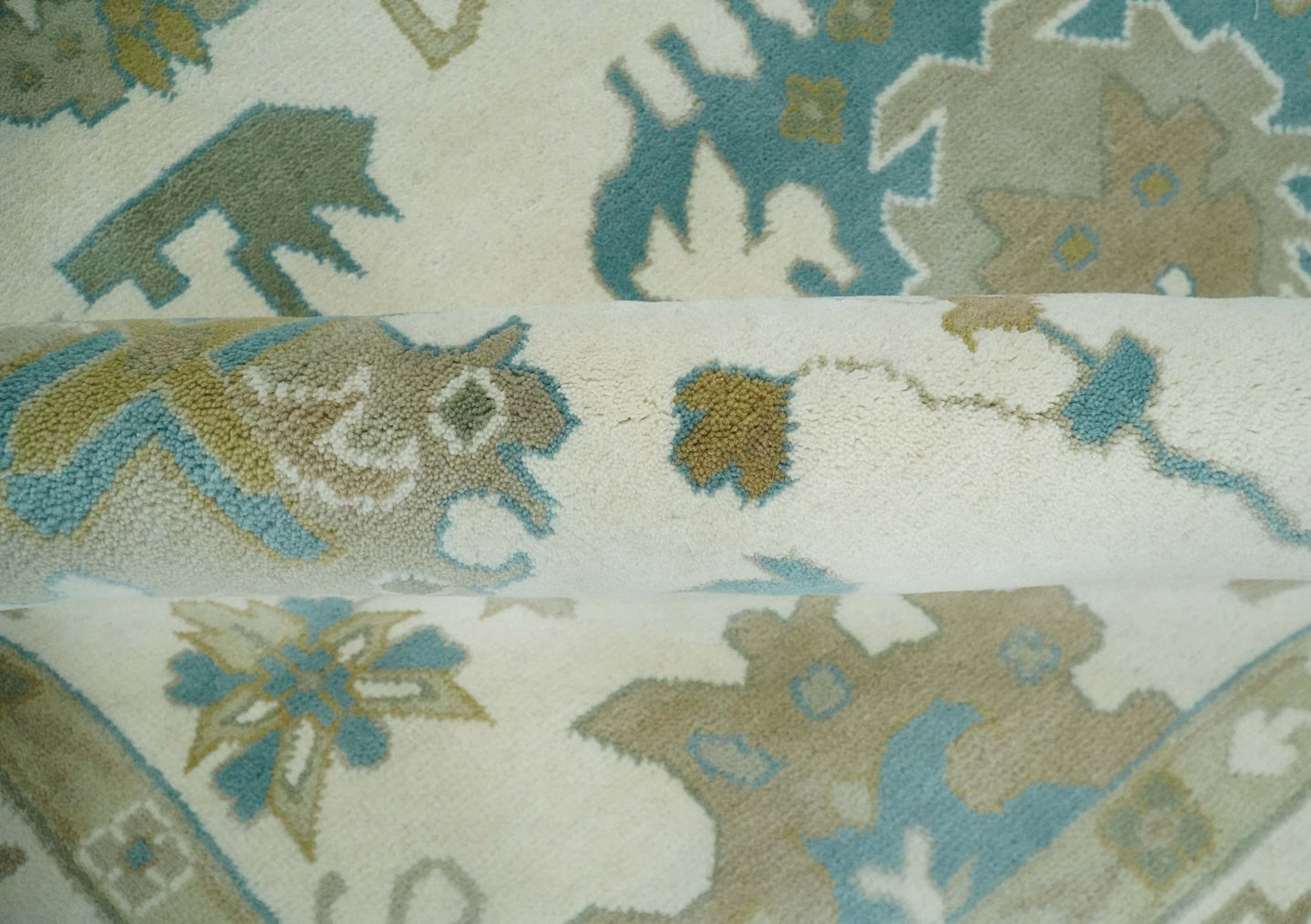 Ivory, Beige and Teal Hand Knotted Antique 9x13 Traditional Oushak Wool Rug - The Rug Decor