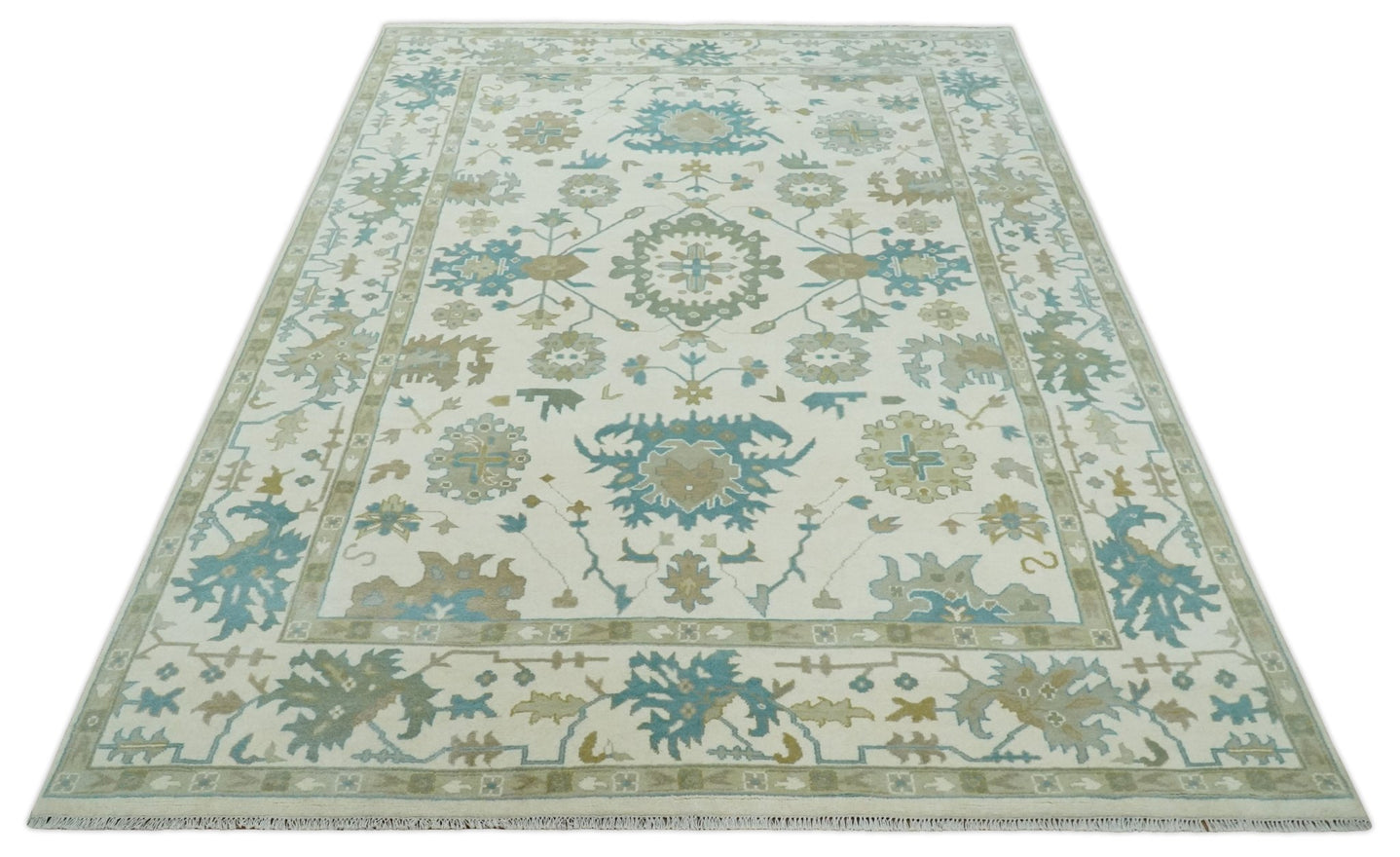 Ivory, Beige and Teal Hand Knotted Antique 9x13 Traditional Oushak Wool Rug - The Rug Decor