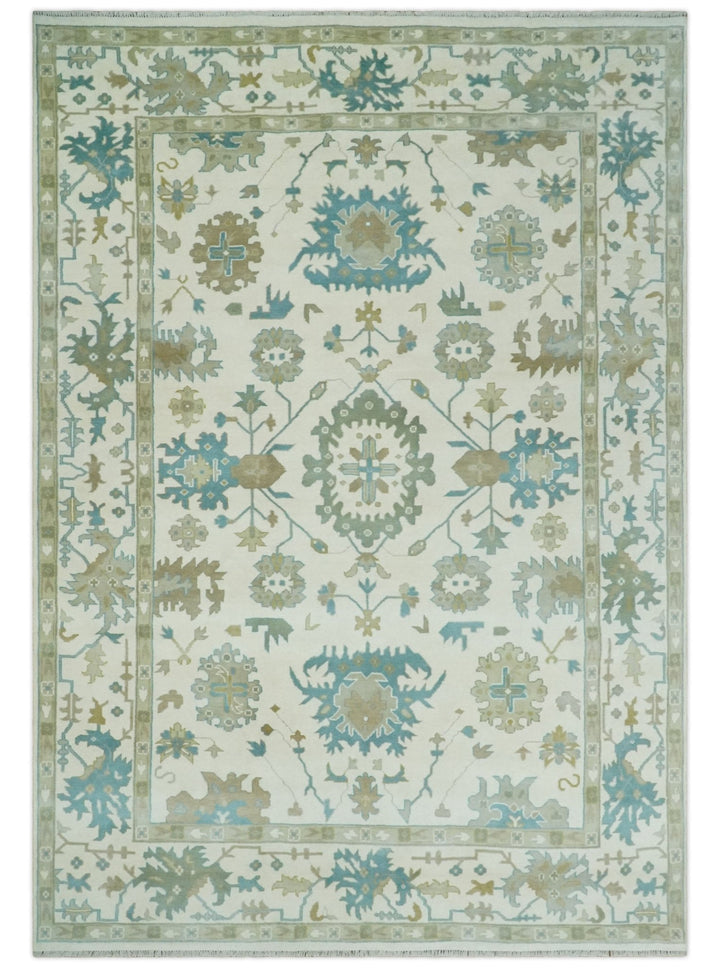 Ivory, Beige and Teal Hand Knotted Antique 9x13 Traditional Oushak Wool Rug - The Rug Decor