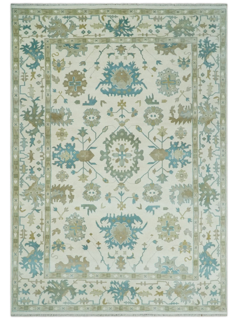 Ivory, Beige and Teal Hand Knotted Antique 9x13 Traditional Oushak Wool Rug - The Rug Decor