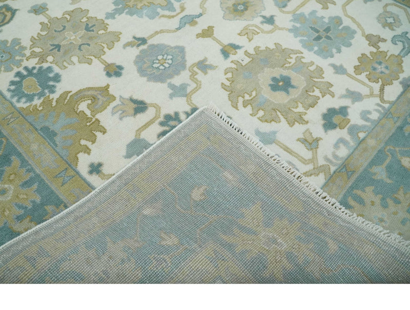 Ivory, Blue and Beige Floral Oushak Hand Knotted Traditional Turkish Inspired Wool Area Rug | TRDCP1538 - The Rug Decor