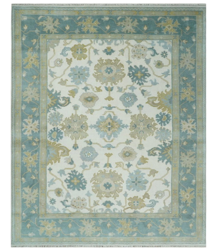 Ivory, Blue and Beige Floral Oushak Hand Knotted Traditional Turkish Inspired Wool Area Rug | TRDCP1538 - The Rug Decor