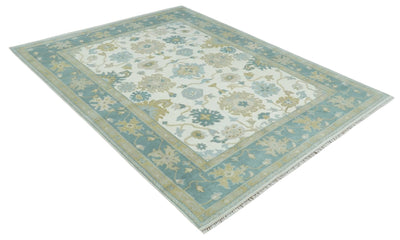 Ivory, Blue and Beige Floral Oushak Hand Knotted Traditional Turkish Inspired Wool Area Rug | TRDCP1538 - The Rug Decor