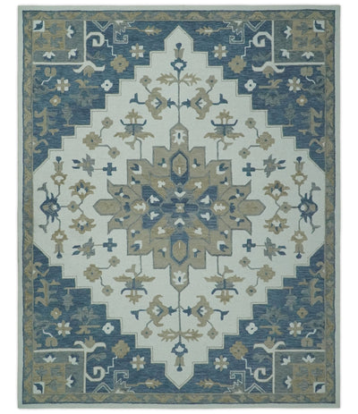 Ivory, Blue and Beige Traditional Floral Medallion Hand Tufted wool Area Rug - The Rug Decor