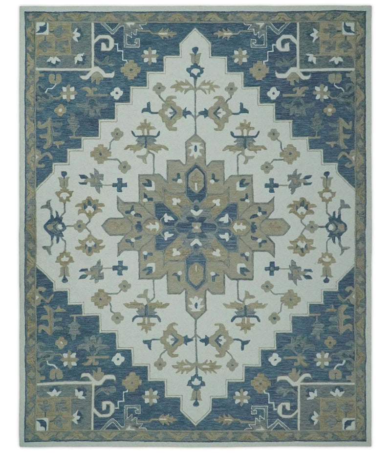 Ivory, Blue and Beige Traditional Floral Medallion Hand Tufted wool Area Rug - The Rug Decor